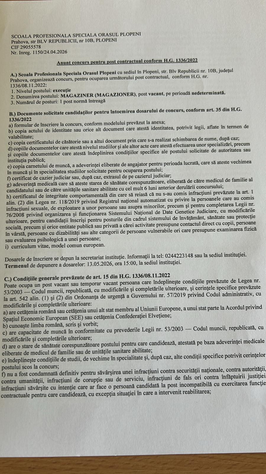 REZULTATUL CONCURSULUI: Anunț concurs pentru post MAGAZIONER
